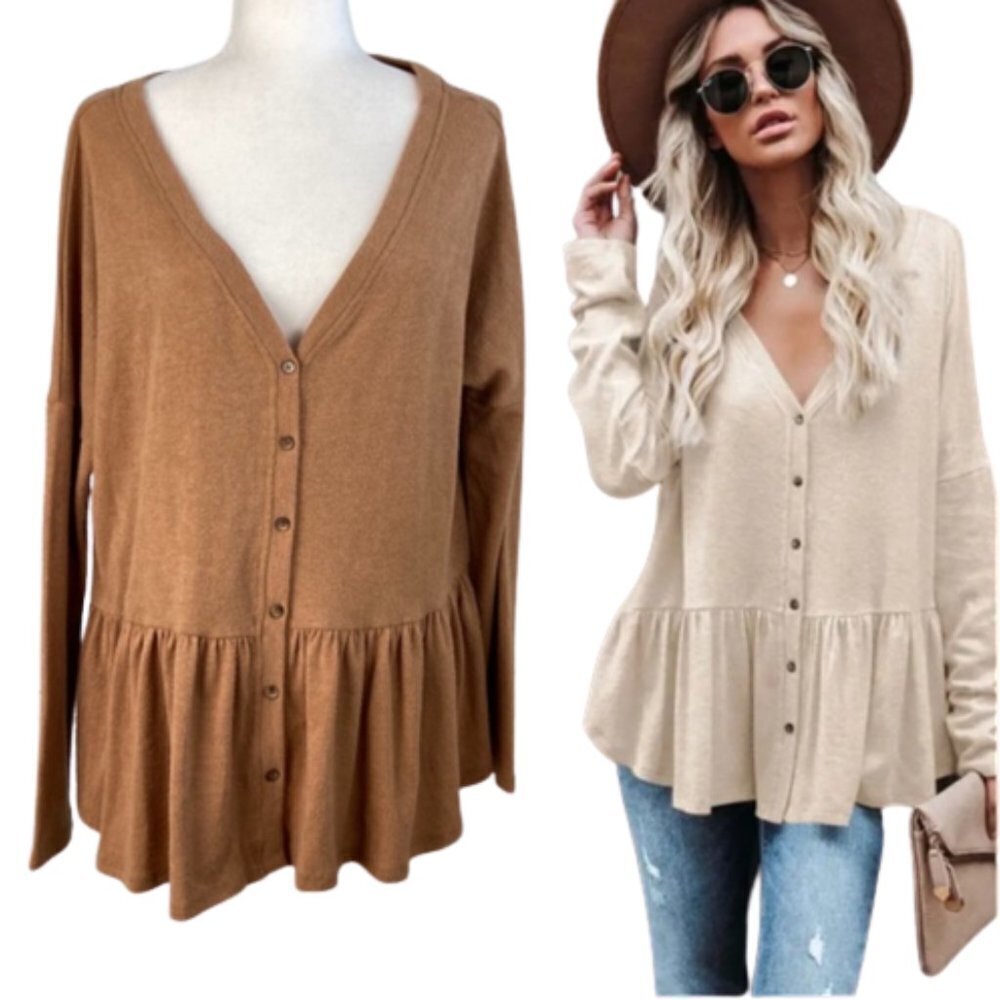 Peplum Hem Oversized Cardigan Sweater Neutral Minimalist Rayon Size Medium